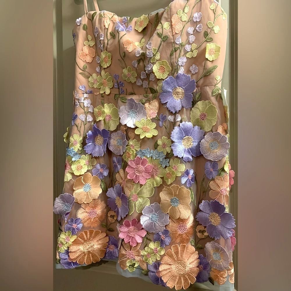 Helsi Hilma 3D Floral Appliqué Mesh Mini Dress Pastel Pink Lavender Nude Large - Picture 6 of 15